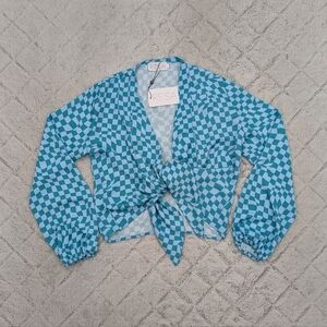 RESA Top Womens S Blue Rio Geometric Luna Front Tie Closure Crop Matte Satin